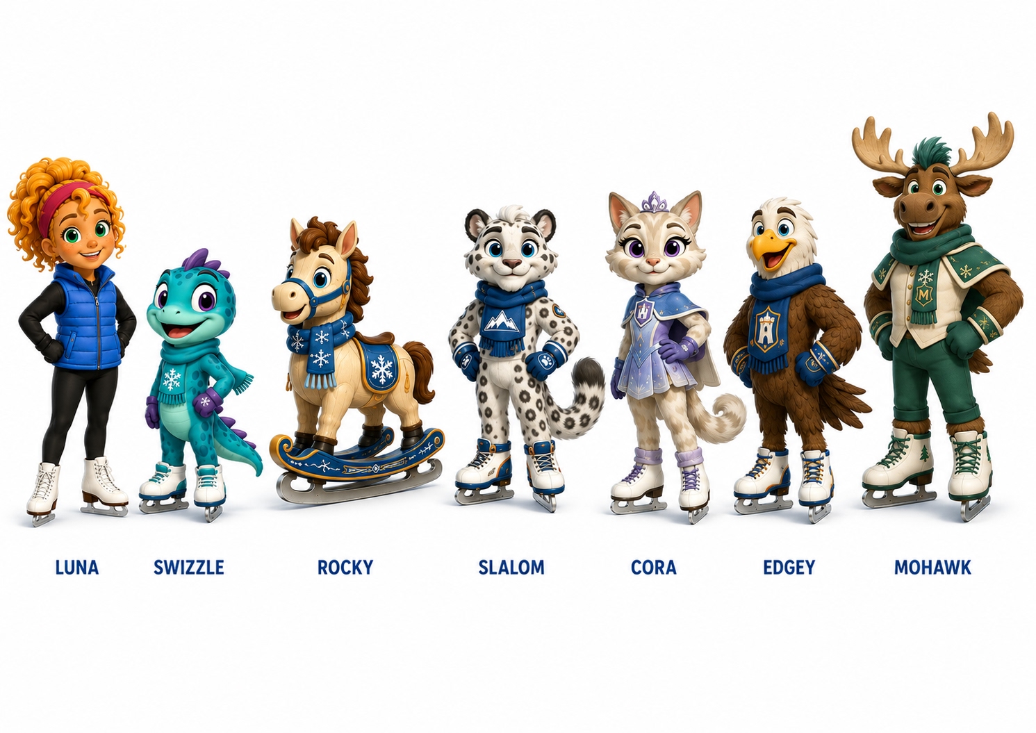 Luna with Swizzle, Rocky, Slalom, Cora, Edgey, and Mohawk