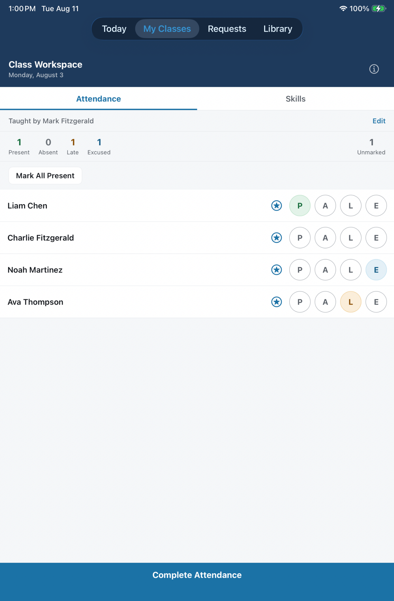 Coach Companion attendance workspace on iPad