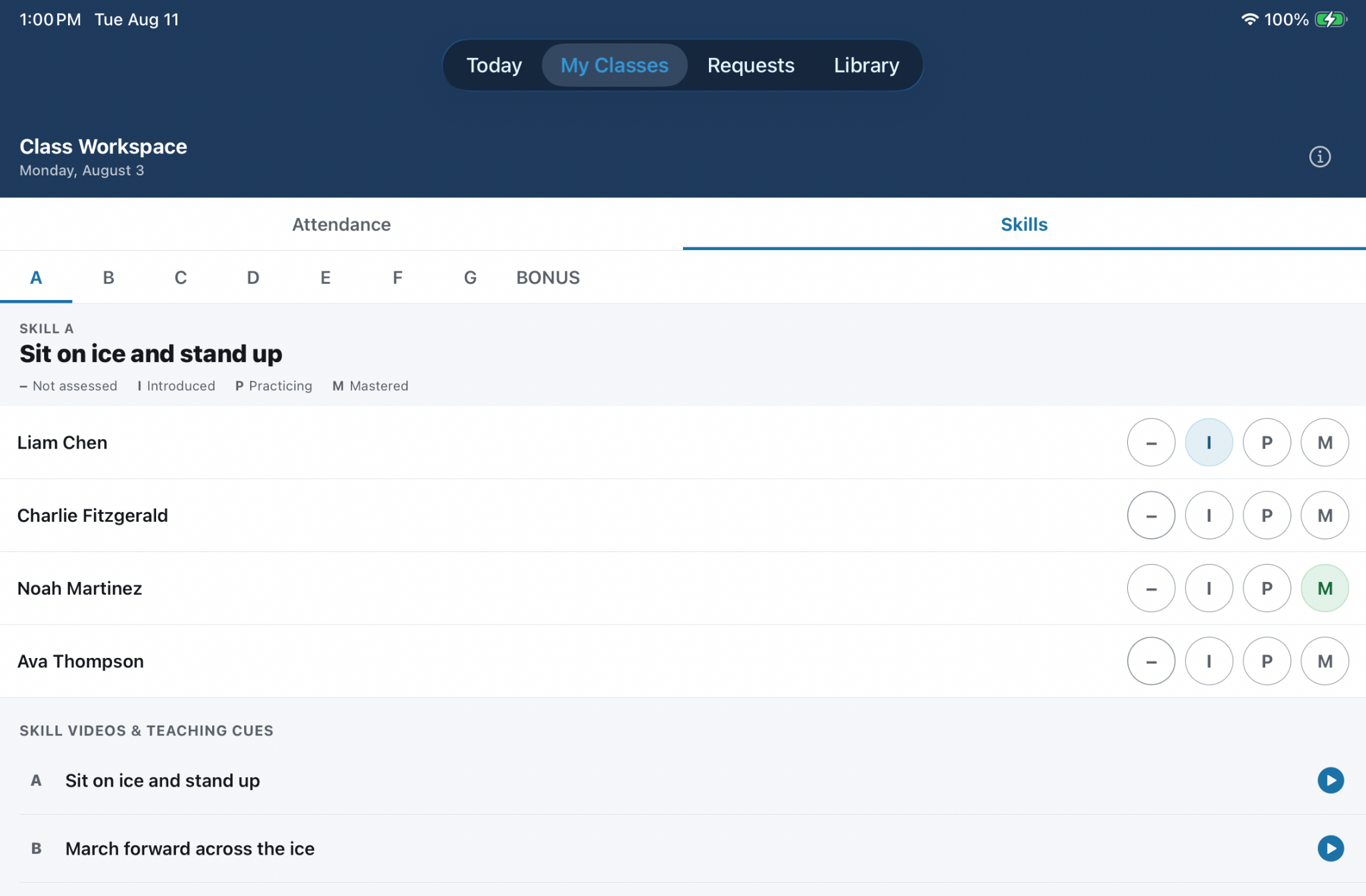 Coach Companion skill assessment workspace on iPad