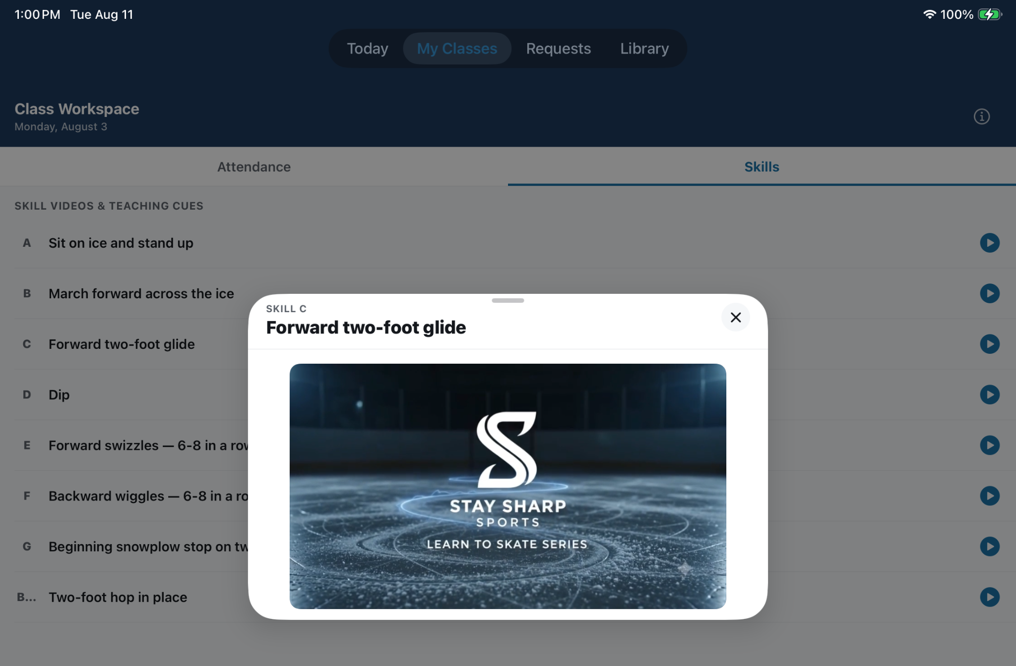 Forward two-foot glide demonstration open on iPad