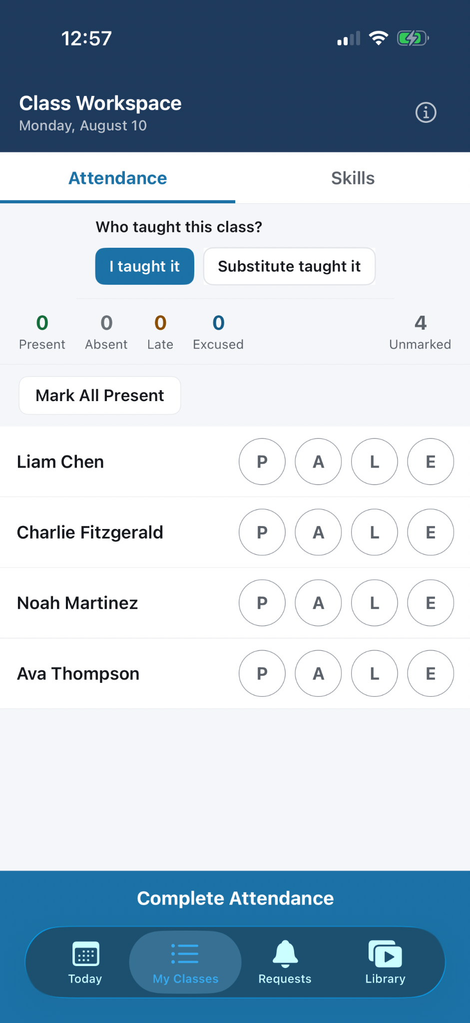 Coach Companion attendance workspace on iPhone
