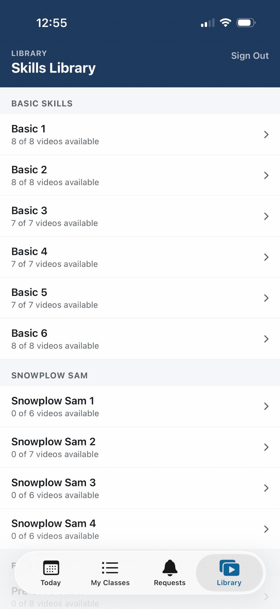 Skills Library showing Learn to Skate video levels