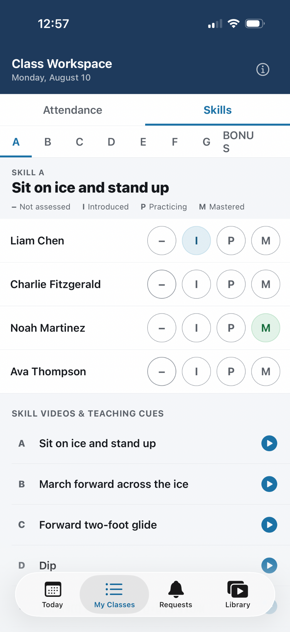 Coach Companion skill assessment workspace on iPhone