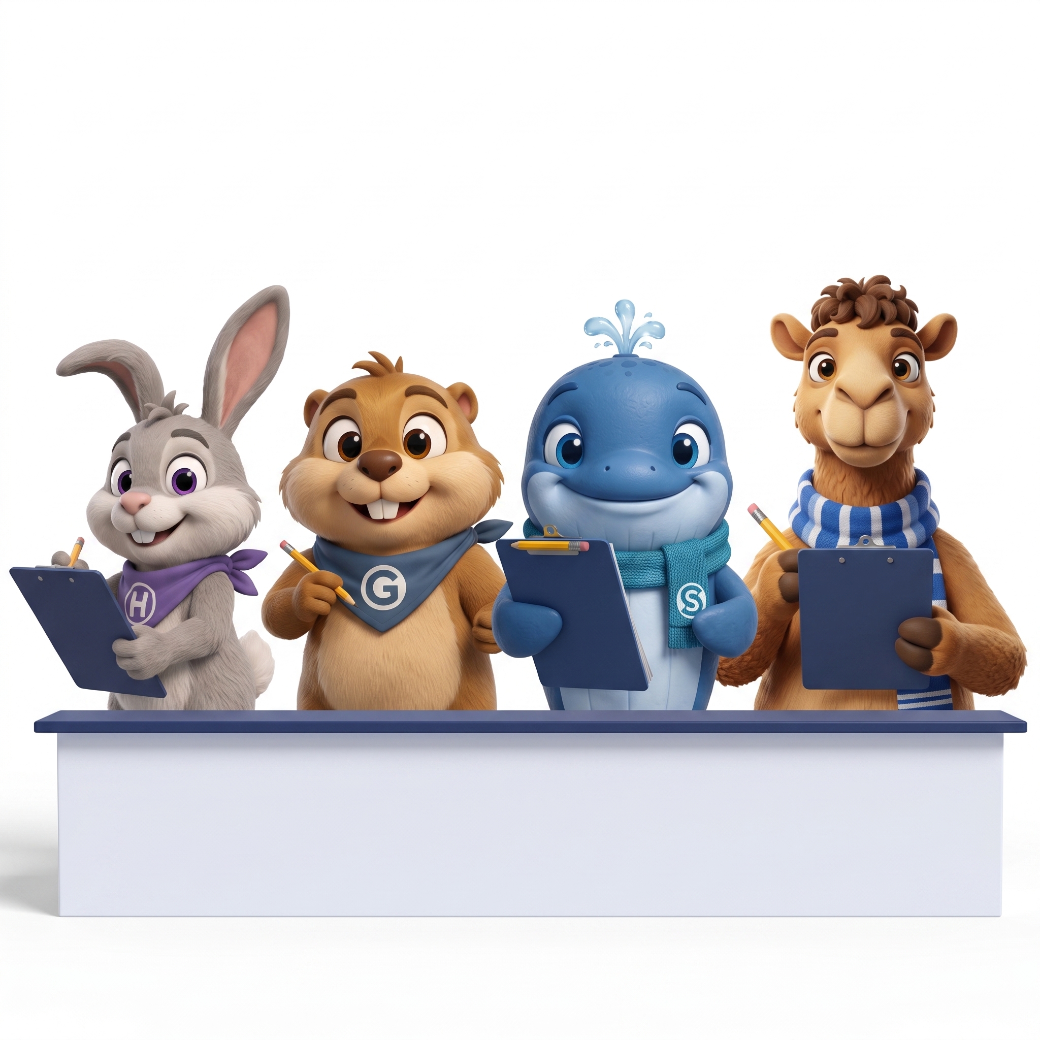 Dusty, Wiggles, Glide, and Hopper holding clipboards as the Snowplow evaluation team