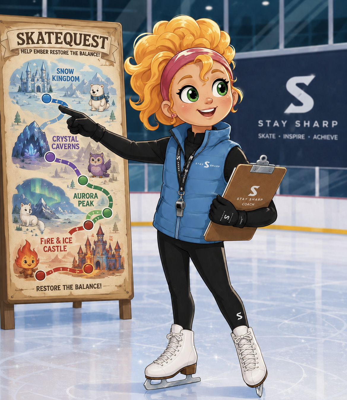 Luna presenting the SkateQuest journey at the rink